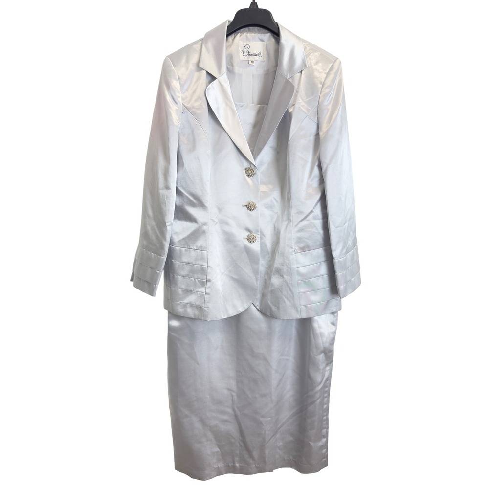Clarissa C. Silver 2-Piece Skirt Suit Set Rhinestone Buttons Silver Grey Size 16